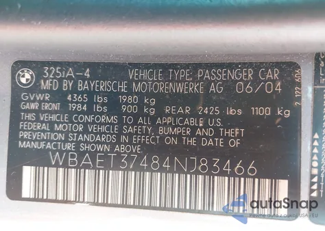 2004 BMW 325 I from USA, damaged, VIN WBAET37484NJ83466